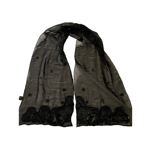 Vintage Sheer Rayon w Black Glass Bead & Sequin Art Scarf India Rolled Edge NICE - Picture 1 of 7